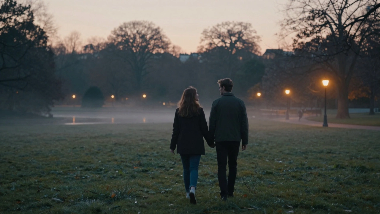 A man and woman walking peacefully along Hyde Park at twilight, conveying calm connection.