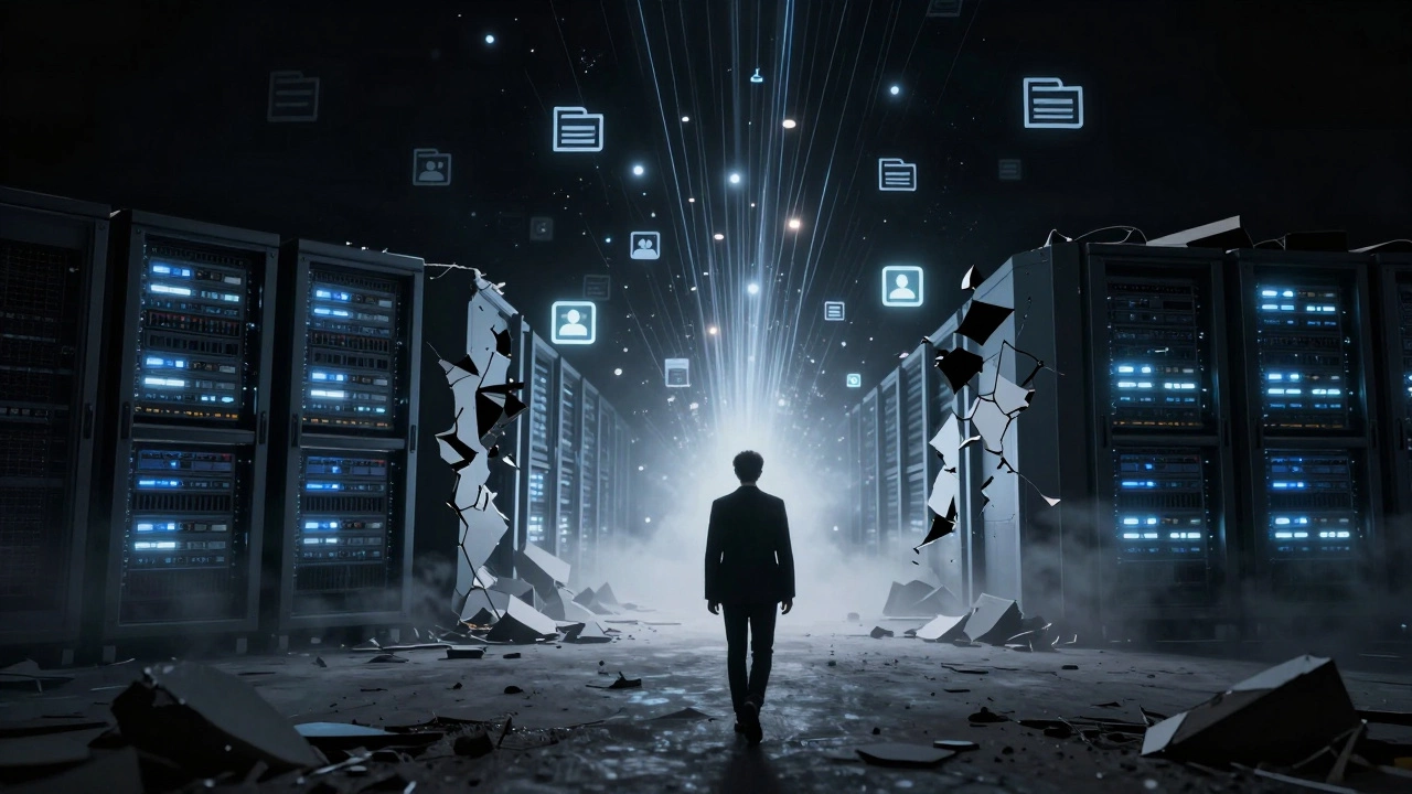 A person walking away from a crumbling server farm as digital data fades into darkness.