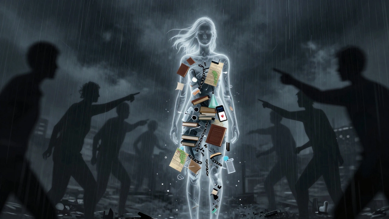 A transparent woman made of books, maps, and chains standing strong against shadowy critics in a storm.