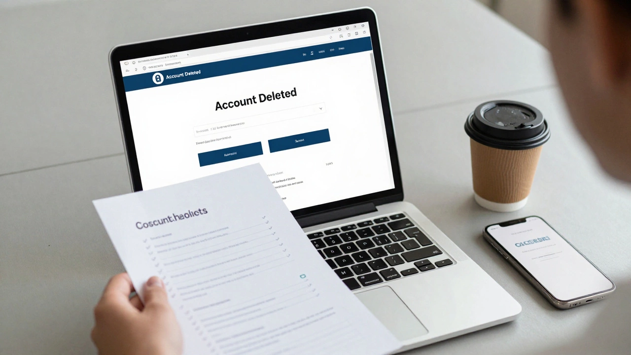 An open laptop showing a deletion confirmation email with a completed checklist beside it.