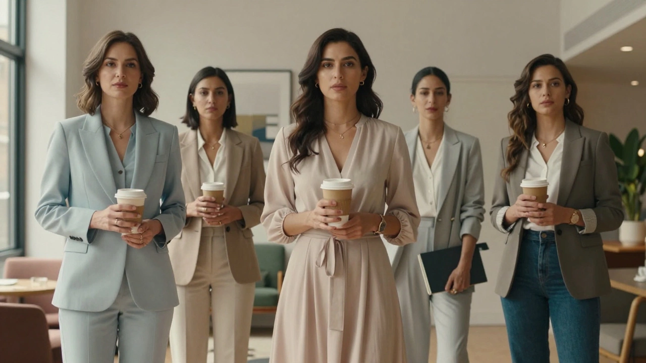 Diverse professional female companions in stylish attire, exuding confidence and independence in a modern London apartment lobby.